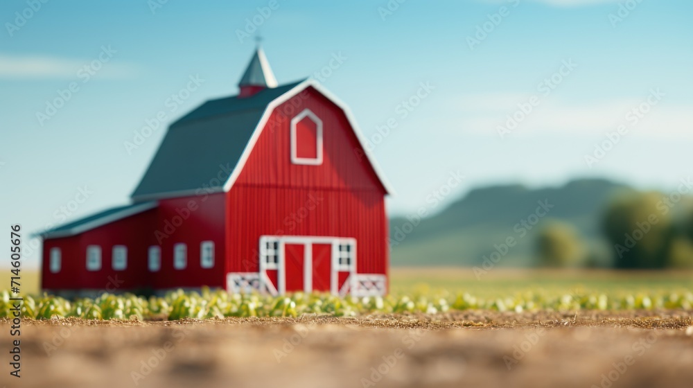 a red barn sitting in the middle of a field with a green field in the foreground and a blue sky in the background with a few clouds in the distance. a red barn sitting in the middle of a field with a green field in the foreground and a blue sky in the background with a few clouds in the distance.