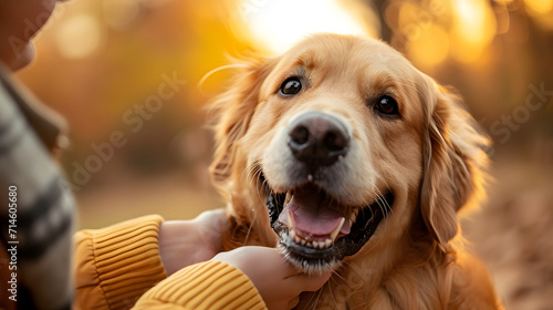 golden retriever dog, a friendly Golden Retriever joyfully greeting its owner with a wagging tail and a big smile, showcasing its loving and sociable nature