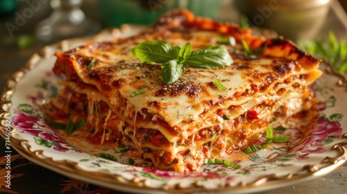  a close up of a plate of lasagna with a leafy green garnish on top of the lasagna is on a flowered plate.