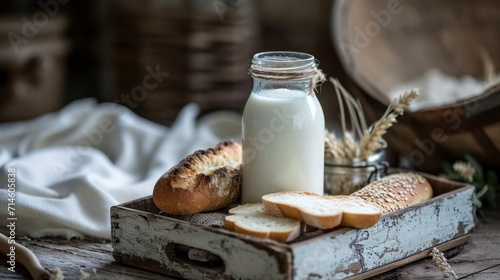  a bottle of milk, a loaf of bread, and a loaf of bread sit on a table in front of a basket of bread and a basket of wheat.
