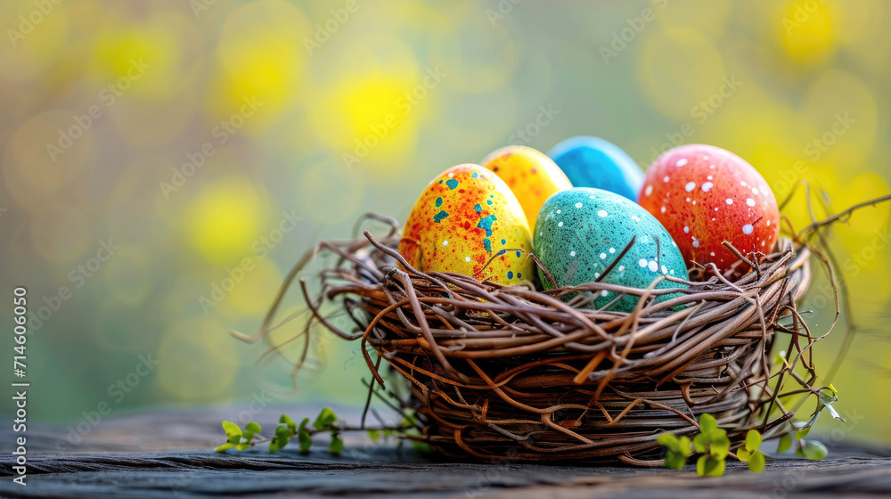 Festively decorated red, yellow and blue Easter eggs inside a basket on blurred background with space for text. Banner, card, pattern, design, poster, template, frame. Ai generated Festively decorated red, yellow and blue Easter eggs inside a basket on blurred background with space for text. Banner, card, pattern, design, poster, template, frame. Ai generated
