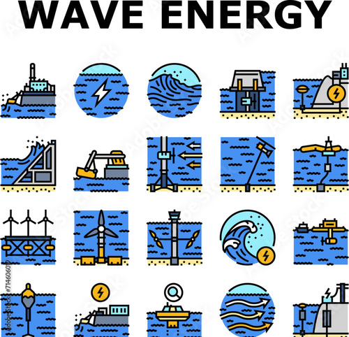 wave energy power tidal icons set vector. sea plant, hydro electric, tide generation, station water turbine, lake electricity wave energy power tidal color line illustrations