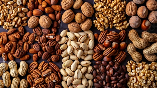 Background with different nuts. Top view of various nuts
