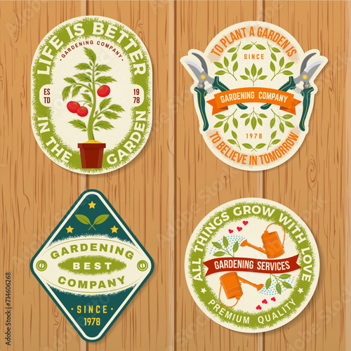 Set of gardening and yard work services emblem, label, patch, sticker. Vector illustration. For sign, patch, shirt design with hand secateurs, garden pruner, watering can, gardening equipment