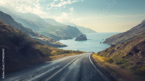  a view of a road with a body of water in the middle of the road and mountains on both sides of the road and a body of water in the middle of the road. photo