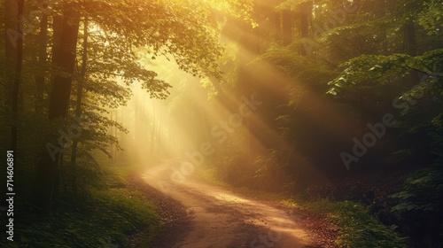  a dirt road in the middle of a forest with sunbeams shining through the trees on either side of the road is a dirt road that leads to a forest with lots of trees on both sides.