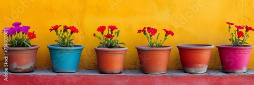 Colorful garden Petunia plants in colorful flower pots in row, panoramic © Yulia