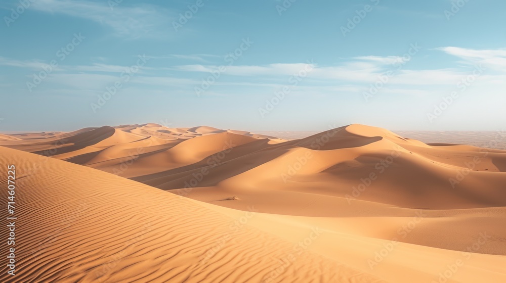  a group of sand dunes in the desert under a blue sky with a few wispy clouds in the distance, with a few trees in the foreground.