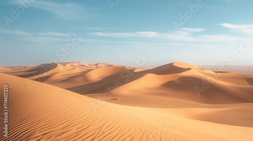  a group of sand dunes in the desert under a blue sky with a few wispy clouds in the distance  with a few trees in the foreground.