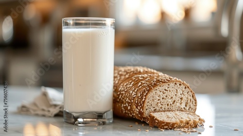  a close up of a glass of milk and a loaf of bread on a table with a napkin on the side of the glass and a napkin on the table.