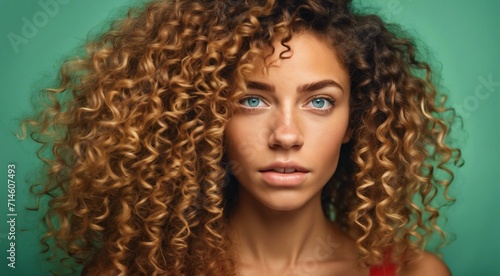 portrait of a fashion woman, curly hairs of a woman, portrait of a pretty young fashion model, pretty fashion girl in studio, curly haired woman