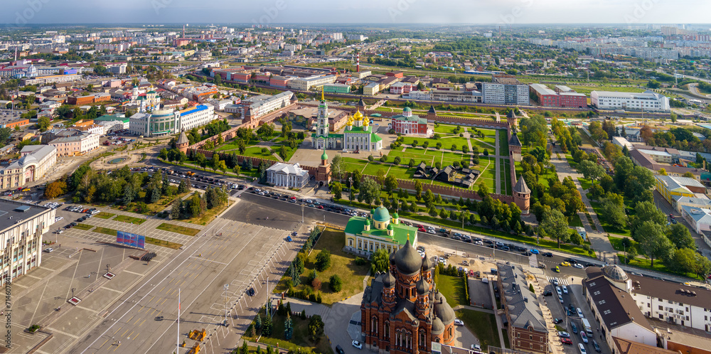 Tula, Russia. Historical center with the Kremlin. Panorama of the city. Summer. Aerial view
