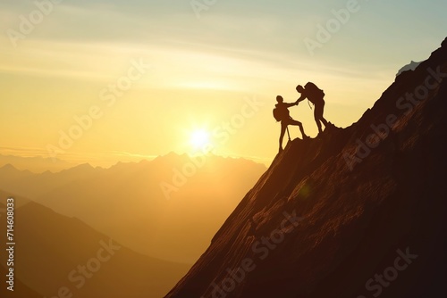 Silhouette two people helping each other hike up a mountain at sunrise or sunset. Giving a helping hand. Travel hiking journey concept.