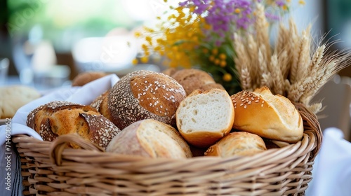  a basket filled with loaves of bread sitting on top of a table next to a vase of flowers and a vase of flowers on the side of a table.