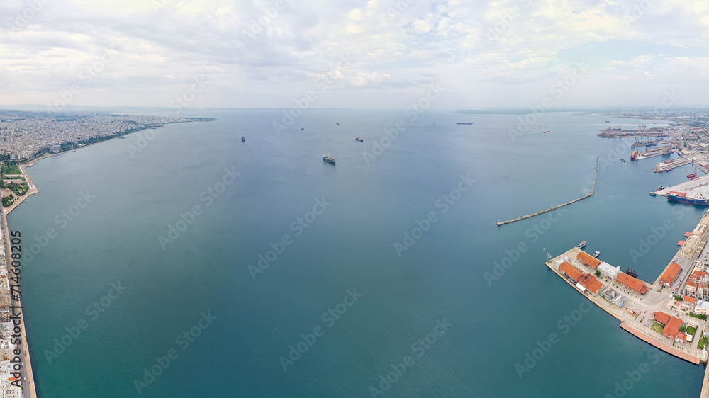 Thessaloniki, Greece. Ships in the bay. Cloudy weather. Aerial view