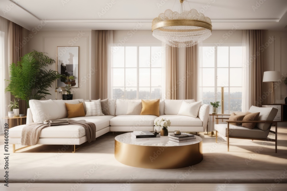 Interior home design of modern living room with white sofa and luxury furniture with large windows and curtain Interior home design of modern living room with white sofa and luxury furniture with large windows and curtain