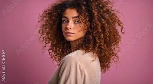 portrait of a fashion woman, curly hairs of a woman, portrait of a pretty young fashion model, pretty fashion girl in studio, curly haired woman photo