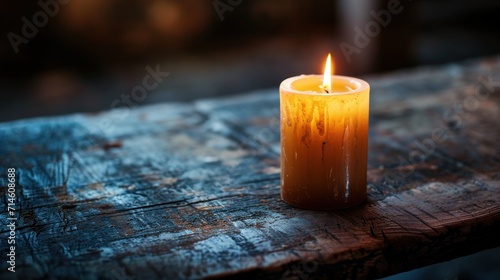  a close up of a lit candle on a wooden table with a blurry background of wood planks and a wooden bench in the foreground, with only one lit candle in the foreground.