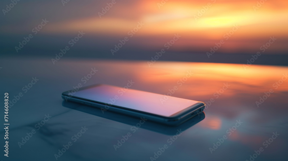 a cell phone sitting on top of a table next to a light reflecting off of the surface of the table in front of a blurry background of the sky. a cell phone sitting on top of a table next to a light reflecting off of the surface of the table in front of a blurry background of the sky.