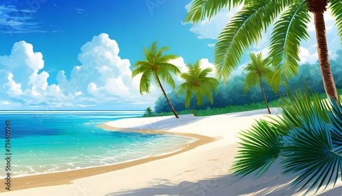an illustration of a beautiful beach with white sand turquoise ocean green palm trees and a blue sky with clouds on a sunny day created with generative ai technology © Trevin