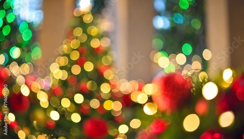 colorful red yellow and green christmas tree bokeh background of de focused glittering lights