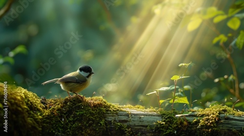  a small bird perched on top of a moss covered tree branch in the middle of a forest with the sun shining through the trees and the leaves on the ground. photo