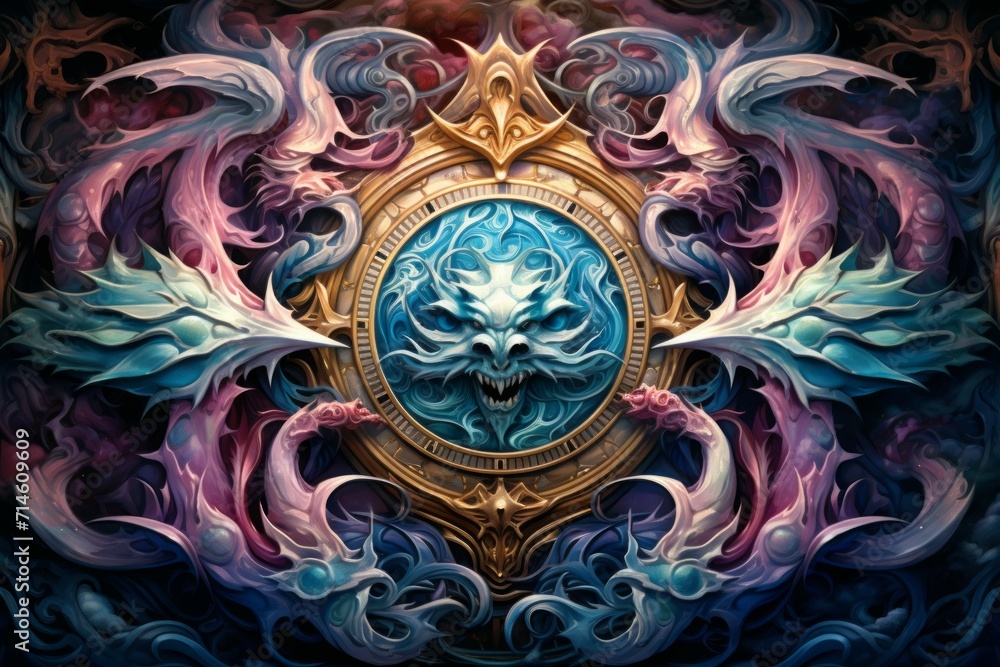 Fototapeta premium Whirling kaleidoscope dragons, casting mesmerizing patterns with their scales - Generative AI