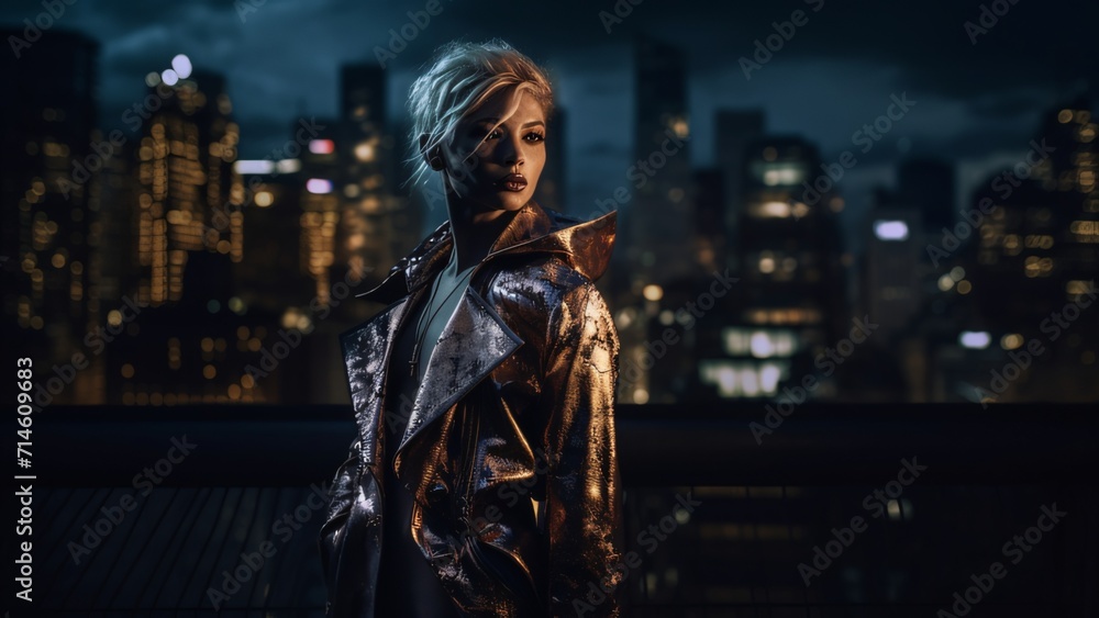 Urban Elegance: High Fashion Model in Avant-Garde Attire Against Cityscape