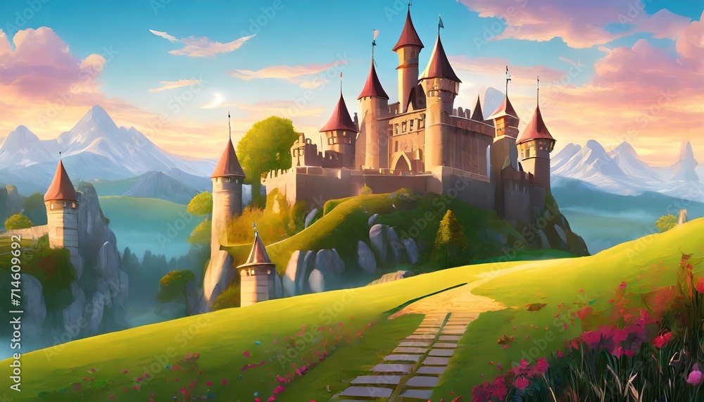 fantasy fairy tale castle land land in a fantastic nrealisticnstyle digital artwork concept illustration for poster wallpaper video games background - obrazy, fototapety, plakaty 
