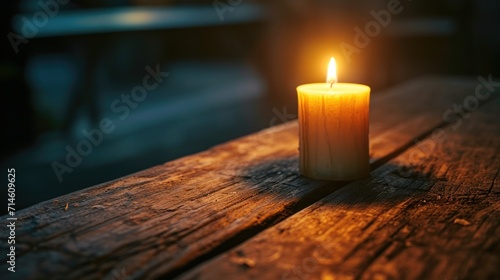 a lit candle sitting on top of a wooden table in front of a blurry image of a person sitting in a chair in the back of a chair in the background.