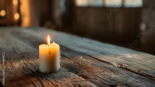  a lit candle on a wooden table in a dark room with a window in the back ground and a wooden table with a wooden table with a candle on it.