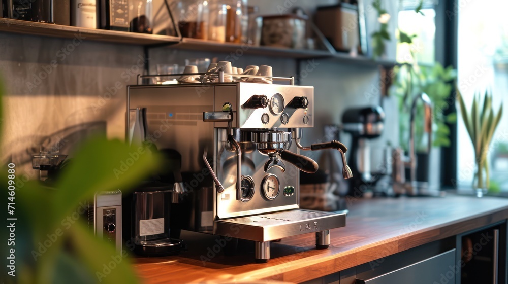  an espresso machine sitting on top of a counter next to a potted plant and a potted plant on the side of a shelf in a kitchen.