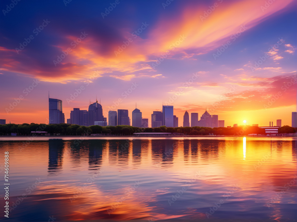 Urban Evening Glow: A stunning cityscape silhouette featuring skyscrapers against the vibrant sunset sky, reflecting on calm waters, creating a mesmerizing panorama