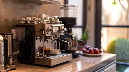  an espresso machine sitting on top of a counter next to a plate of fruit and a cup of coffee on a saucer next to the espresso machine. © Olga