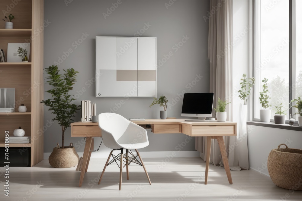 Scandinavian interior home design of modern workplace with home workplace and wooden table and chairs with gray wall near the window Scandinavian interior home design of modern workplace with home workplace and wooden table and chairs with gray wall near the window