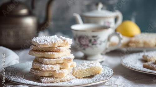  a stack of powdered sugar cookies sitting on a plate next to a cup of tea and a tea kettle on a tablecloth covered with a white tablecloth.