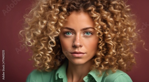 portrait of a fashion woman, curly hairs of a woman, portrait of a pretty young fashion model, pretty fashion girl in studio, curly haired woman