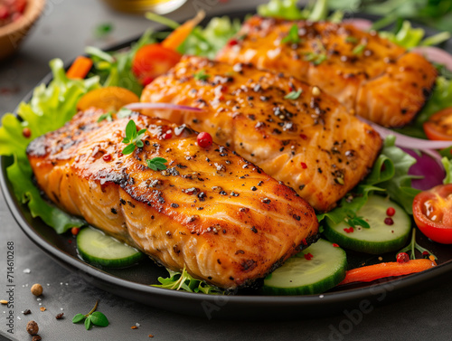 Honey Mustard Marinated Grilled Salmon pieces with a salad