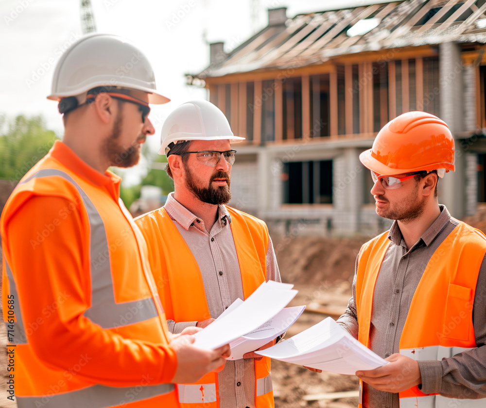 men in white and orange helmets and orange vests are standing with documents at the construction site of the house and talking men in white and orange helmets and orange vests are standing with documents at the construction site of the house and talking