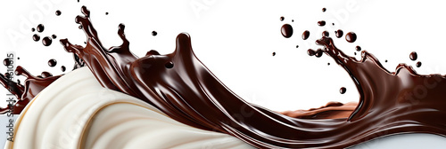 Splash of chocolate and white milk flow mixed on white background