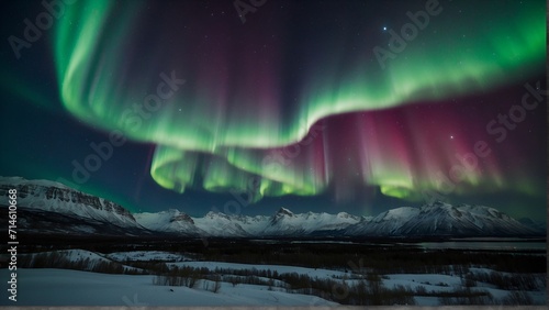 Snowy aurora panorama. The ethereal beauty of the Aurora Borealis unfolds over a picturesque winter scene, with a mountainous backdrop