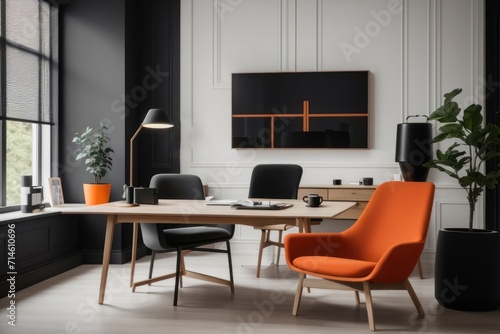 Scandinavian interior home design of modern workplacewith wooden table chair and orange decorations with a dark wall near the window