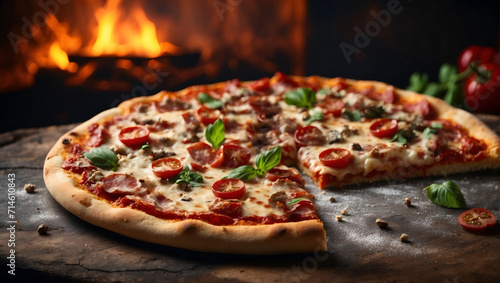 A delectable pizza on a rustic wooden plate, set against the warm glow of a fireplace, creating a cozy and inviting culinary scene