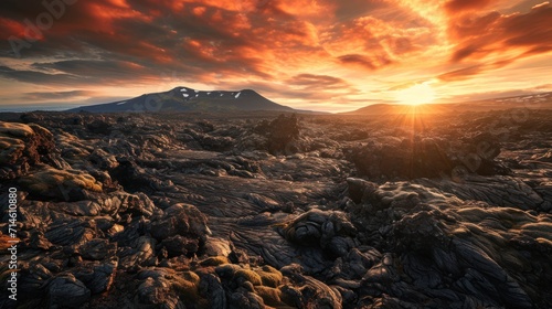 the sun sets over a rocky landscape with a mountain range in the distance in the distance is a red sky with clouds and a few snow capped mountains in the foreground.