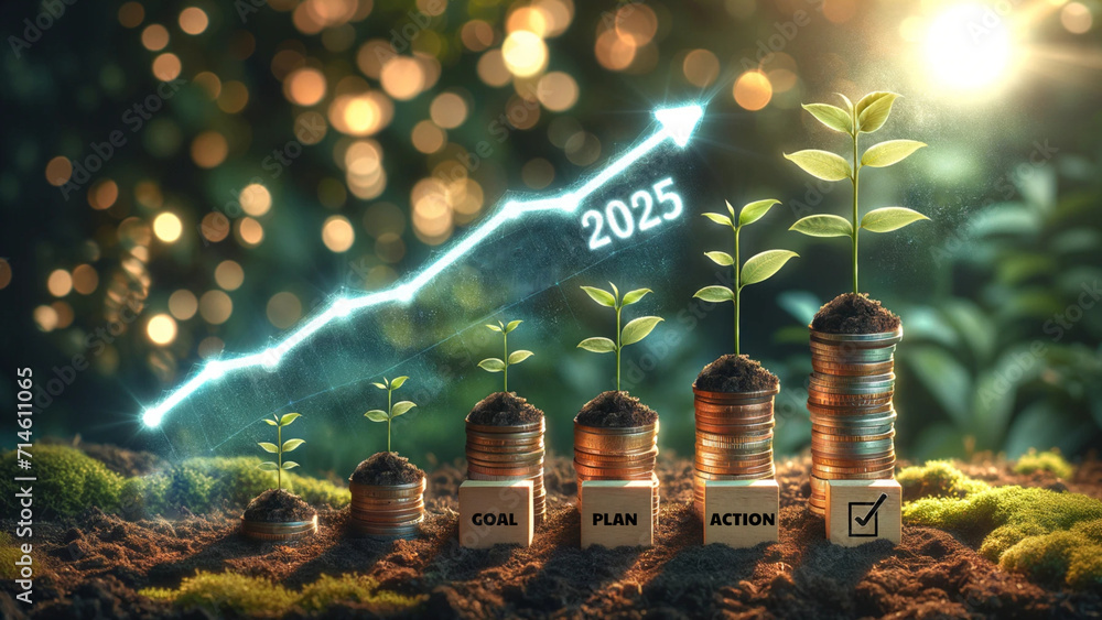 Conceptual Growth and Success Strategy for 2025 ,An inspiring concept image of plant shoots growing from ascending coin stacks, labeled with the stages of goal, plan, and action leading to success  - obrazy, fototapety, plakaty 