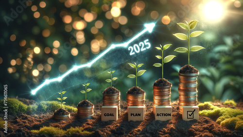 Conceptual Growth and Success Strategy for 2025 ,An inspiring concept image of plant shoots growing from ascending coin stacks, labeled with the stages of goal, plan, and action leading to success 