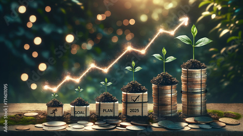 Conceptual Growth and Success Strategy for 2025 ,An inspiring concept image of plant shoots growing from ascending coin stacks, labeled with the stages of goal, plan, and action leading to success 