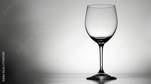  a wine glass sitting on a table in a black and white photo with a reflection of the wine glass on the table and the wine glass in the foreground.