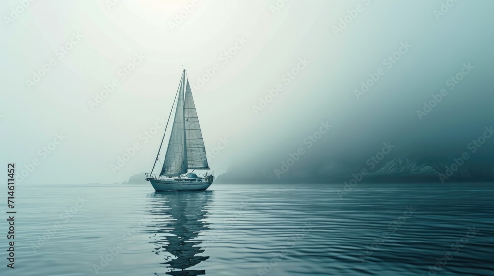 Obraz premium Sailboat sailing on beautiful misty day