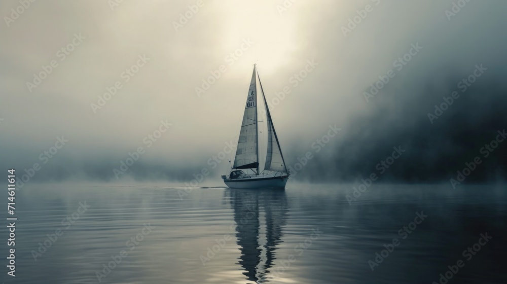 Sailboat sailing on beautiful misty day